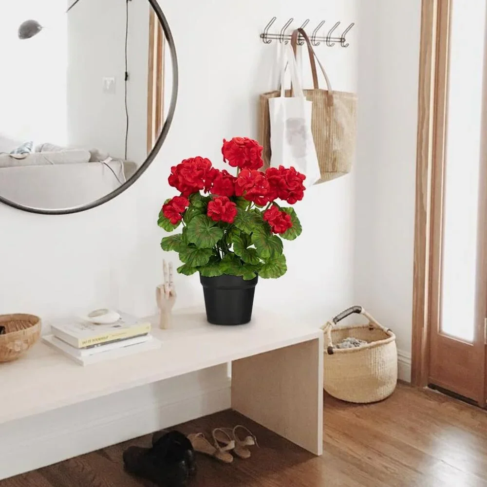 Artificial Flowers Red Plant Leaves Potted Silk Realistic Lush Home Table Decor